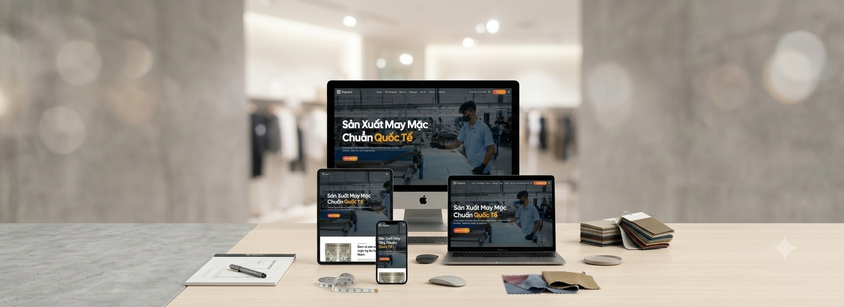 Mẫu website may mặc hiển thị trên máy tính, laptop, máy tính bảng và điện thoại