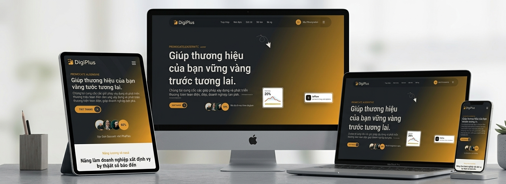Mẫu website agency hiển thị trên máy tính, laptop, máy tính bảng và điện thoại