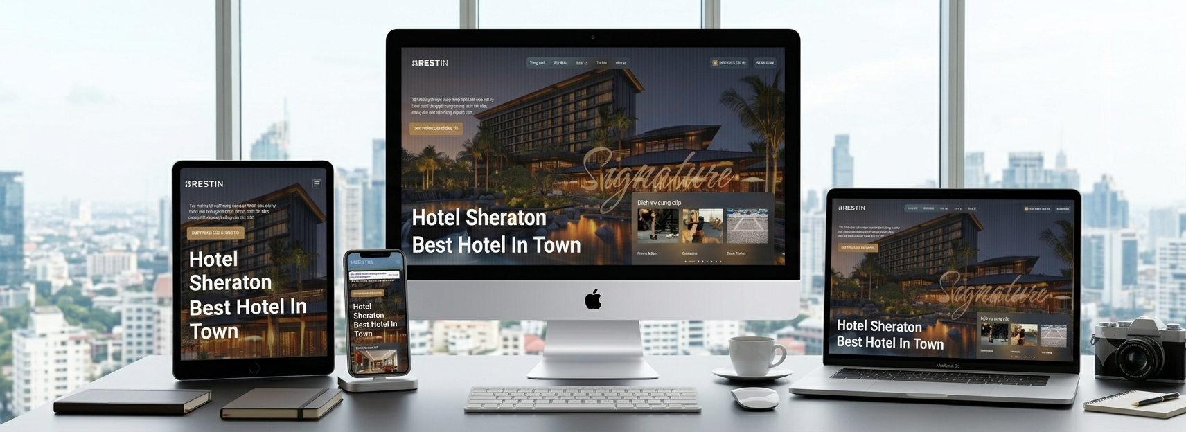 Mẫu website khách sạn nhà hàng hiển thị trên máy tính, laptop, máy tính bảng và điện thoại